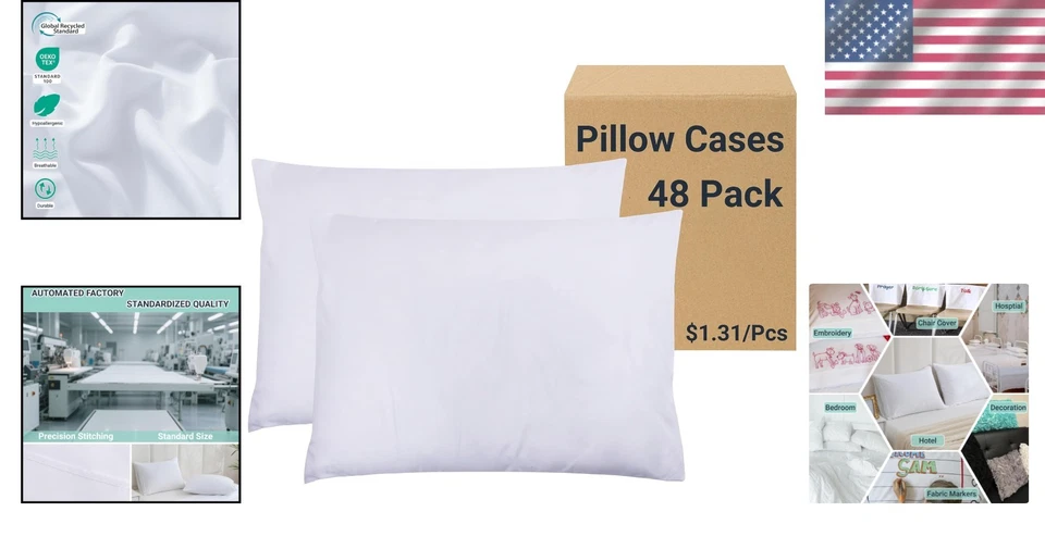 48 Pack White Pillowcases Envelope Closure - Hotel Quality - Image 2 of 4