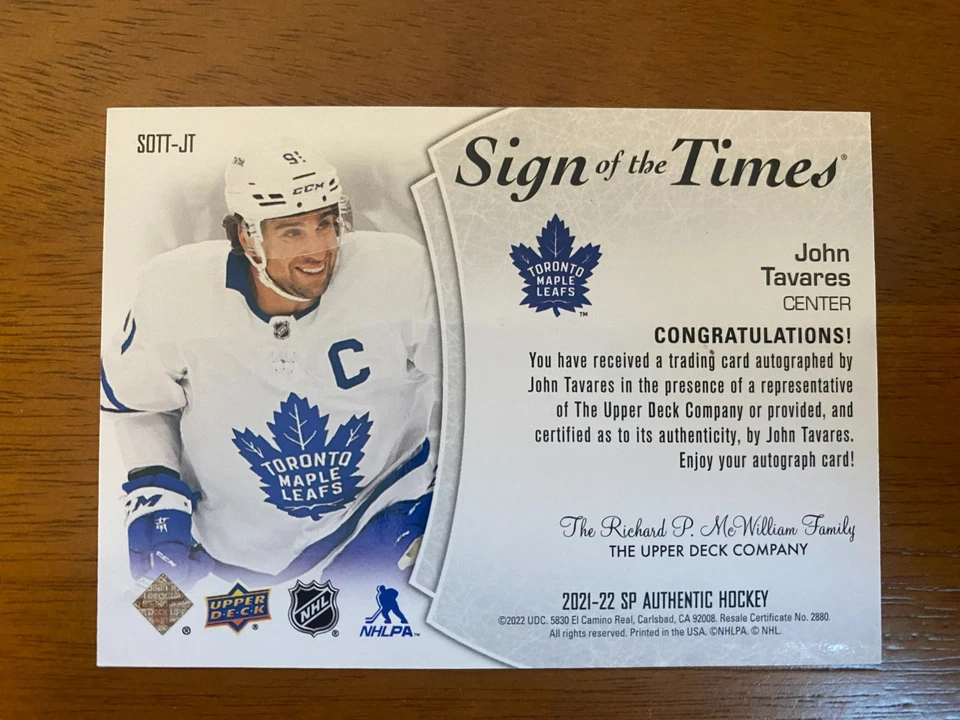RARE 2021-22 UD SP Authentic Sign of the Times John Tavares Auto Group A 1:7,695 - Image 2 of 2