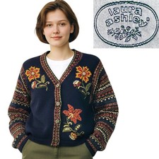 1990s Vintage Laura Ashley Cardigan Wool Sweater Embroidery Fair Isle Cottage L
