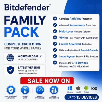 Bitdefender Family Pack  1 To 3 Years 15 Devices / Daily VPN/ Latest Version