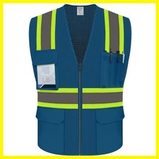 Blue Construction Vest for Men Women, Hi Vis Mesh Vest with Pockets, High Vis...