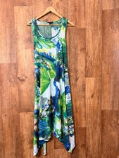 Mandi Green Blue Tropical Floral Midi Dress UK 14 Holiday Resort Summer Boho