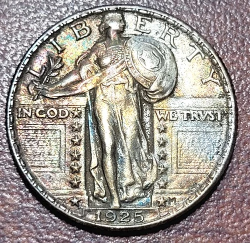 1925 Standing Liberty Quarter AU Abt, UNC Original Old Album Rainbow Toning