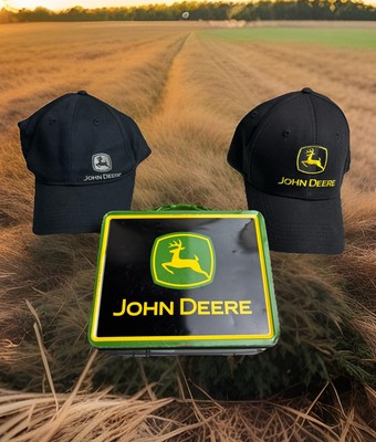 John Deere Lunch Box Tin Vintage + 2 John Deere Hats / Caps