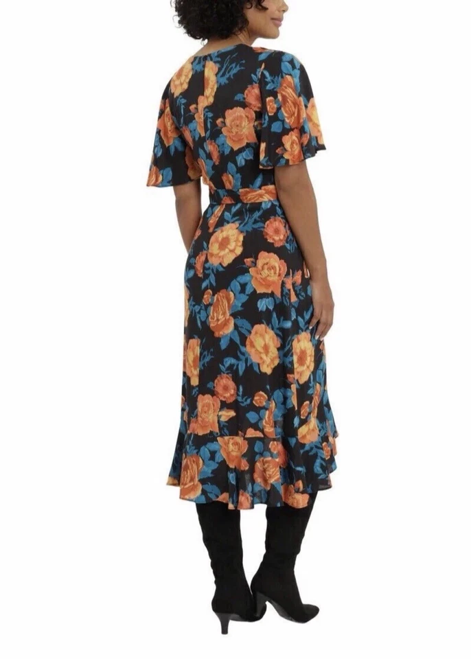 VESTIDO LONDON TIMES preto floral Damona com cinto envoltório falso babado midi 18  - Imagem 3 de 4