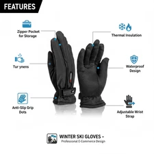 Winter Ski Gloves - Waterproof with Zipper Pocket & Anti-Slip Grip