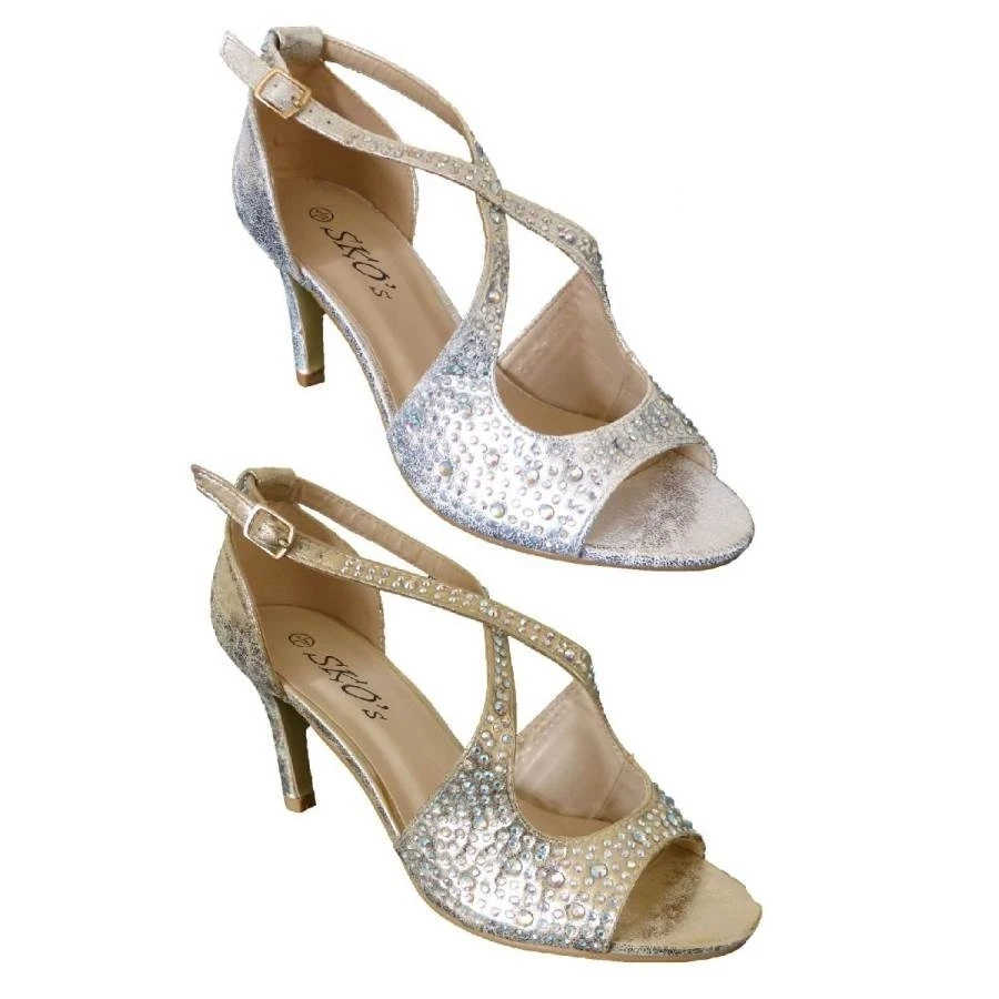 Womens Diamante Wedding Sandals Low Heel Party Prom Bridal Strappy Shoes Buckle