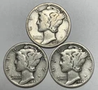 1935, 1943 and 1944-D 10C Mercury Dimes 90% Silver