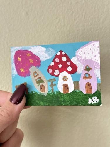 ACEO Original Art • Mushroom Village • Acrylic Paint • 3.5x2.5in • ArtByAlissa