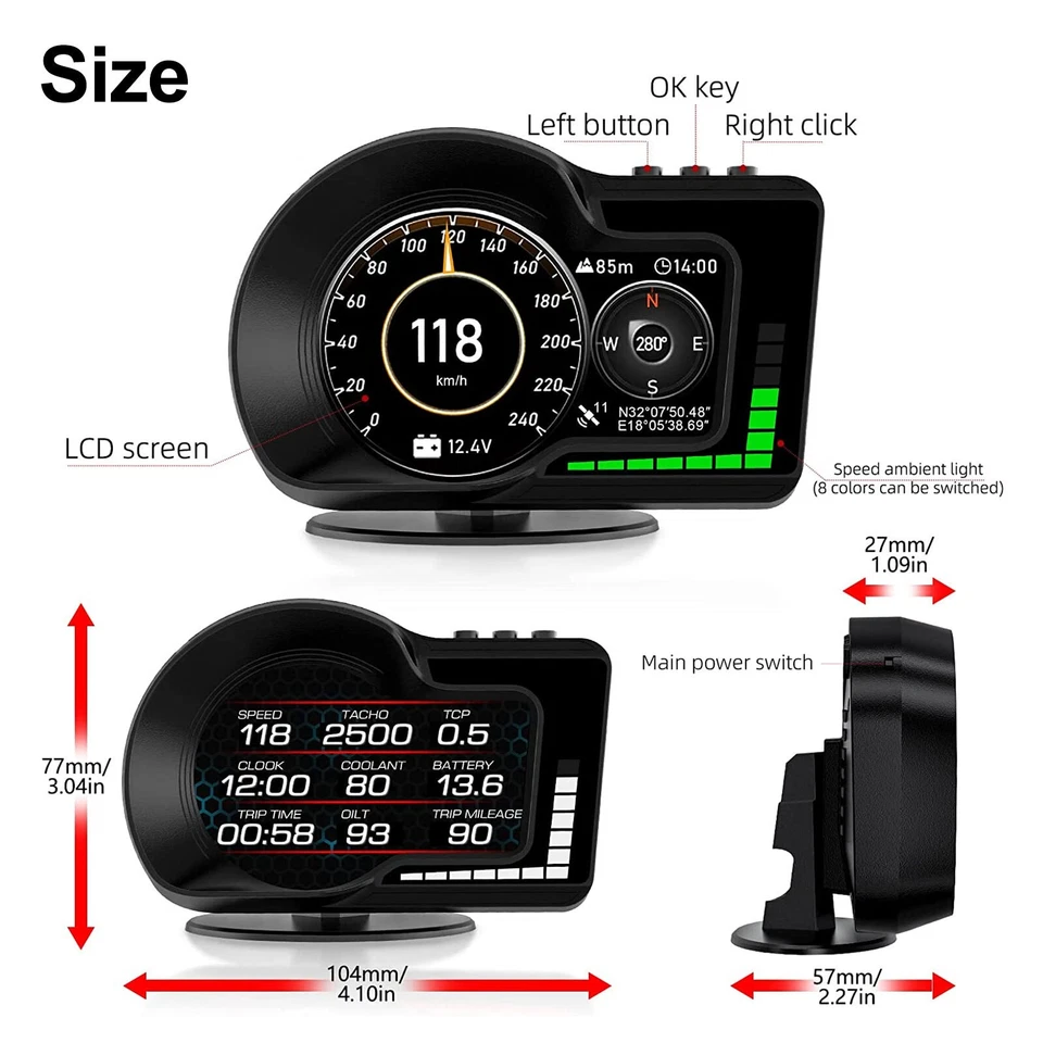 OBD2+GPS Car HUD Gauge Head Up Digital Display Speedometer Turbo RPM Temp Alarm - Image 4 of 4