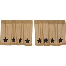 New Primitive Country Farmhouse BLACK STAR BURLAP TIERS Curtains 24"