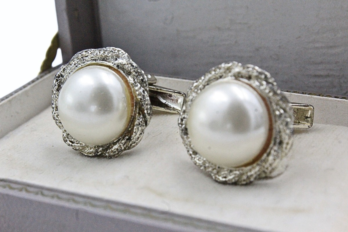 Distinguished White Faux Pearl Silver Tone Textured Cufflinks View 3