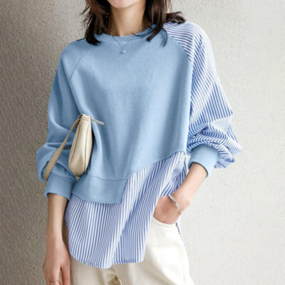 Women Long Sleeve Round Neck Sweater Striped Patchwork Sweatshirt Tops Shirt NEW