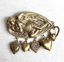 Repousse Sleeping Angel Heart Charm Brooch Pressed Art Deco Victorian Revival