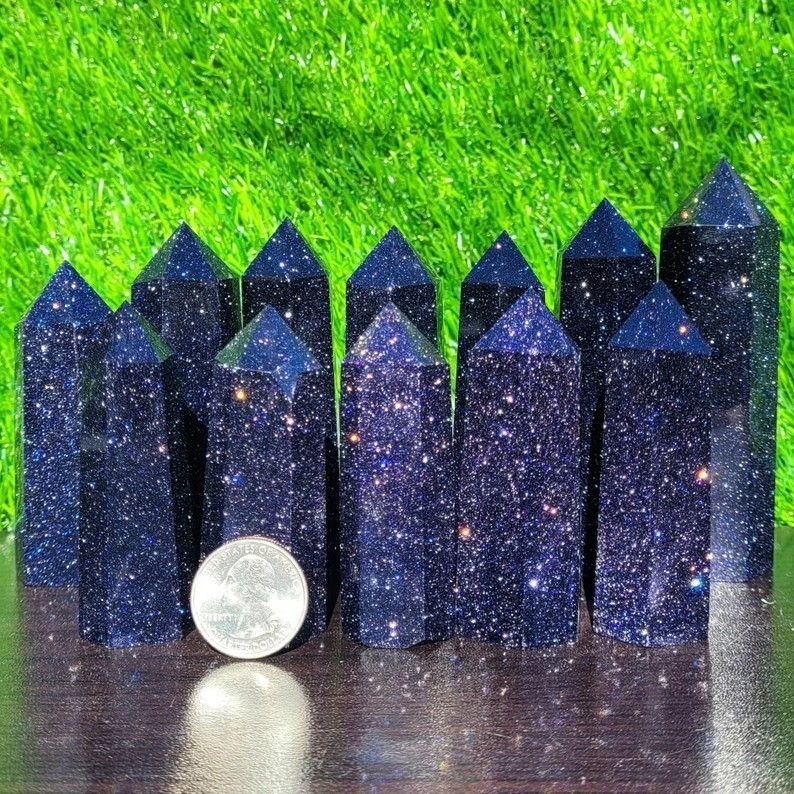 Blue Goldstone Natural Crystal Wand Obelisk Reiki Tower Point Home