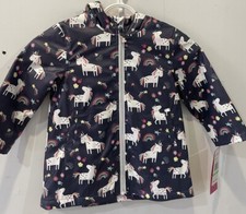 Wippete Kids Girls Size 3T Navy Blue Multicolored Unicorn Zip Raincoat w Pockets