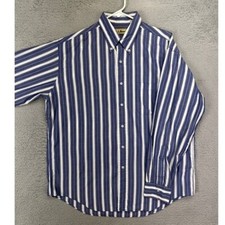 L.L. Bean Shirt Adult Large Blue White Balanced Striped Button Down Pockets Mens