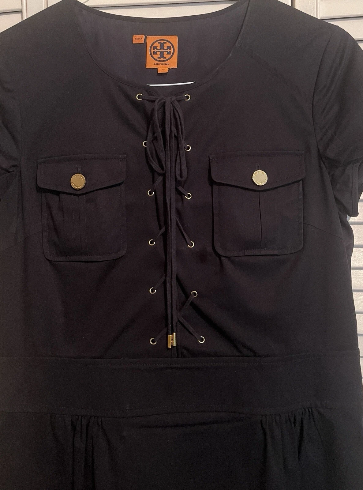 Abito Tory Burch taglia 10 12 blu navy con Bttns oro ispirazione nautica completamente foderato