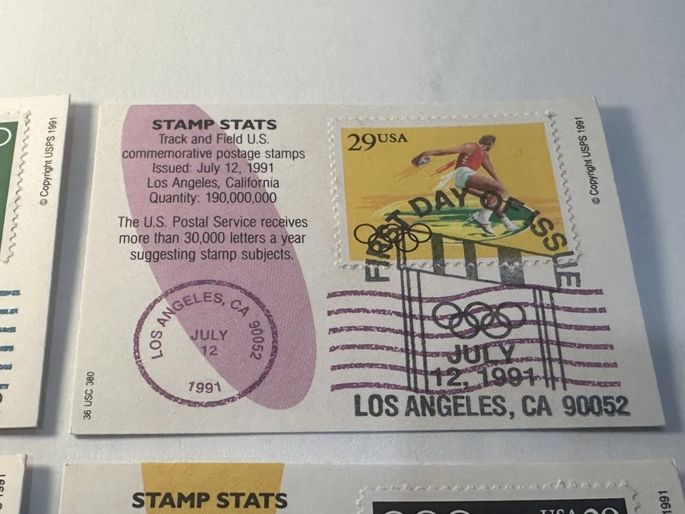 Set of (5) USPS First Day Issue July 12, 1991 Olympics Sports Stamp Stats Cards - Image 4 of 4
