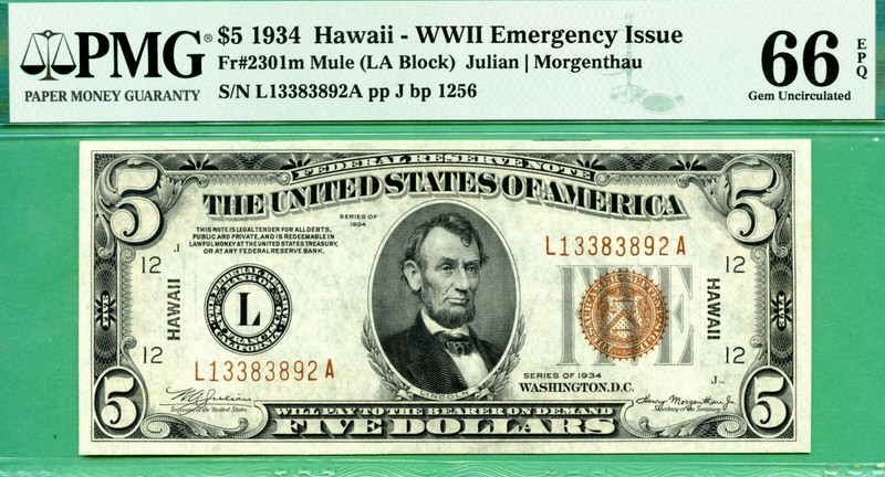 MULE HAWAII - 1934 $5 FRN - PMG GEM 66 EPQ - Fr 2301m LA block - $5 HAWAII MULE