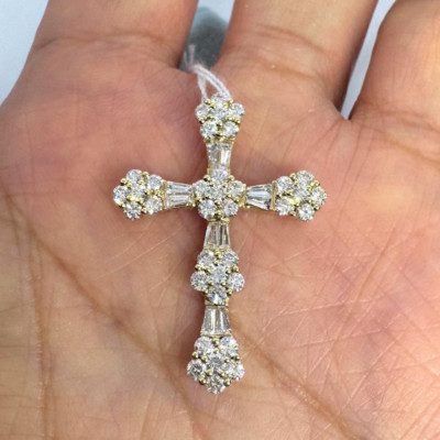 1.50Ct Baguette Cut Moissanite Cross Pendant 14K Yellow Gold Plated 18'' Chain