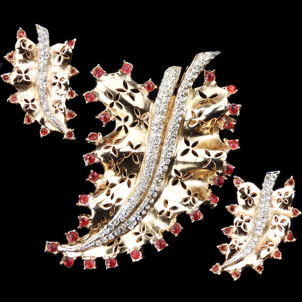Coro Gold Pave Openwork Leaf with Ruby Accents Pi… - image 1