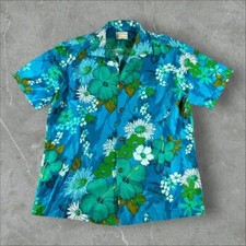 Vintage Royal Hawaiian Shirt Men Medium Blue Loop Collar 1970s Floral Hawaii