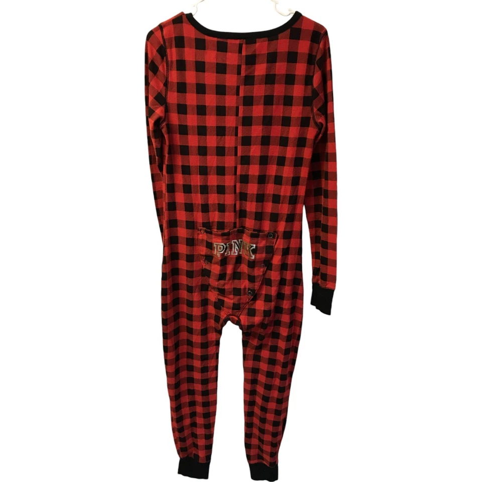 Pink Victoria's Secret One Piece Pajama Womens Large Red Black Check Thermal - Image 2 of 4