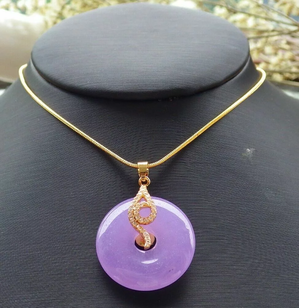 Yellow Gold Plate Lavender JADE Pendant Circle Diamond Imitation Necklace 101121