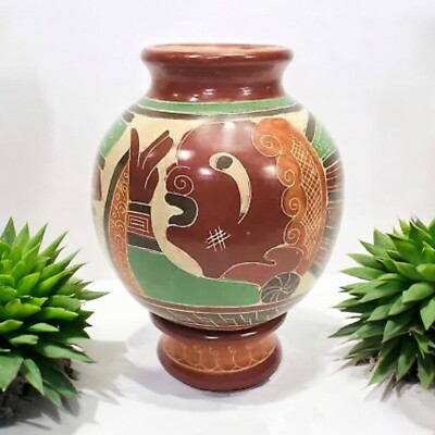 Mexican Clay Pottery Water Vessel with Stand VTG People Figure Hand Painted