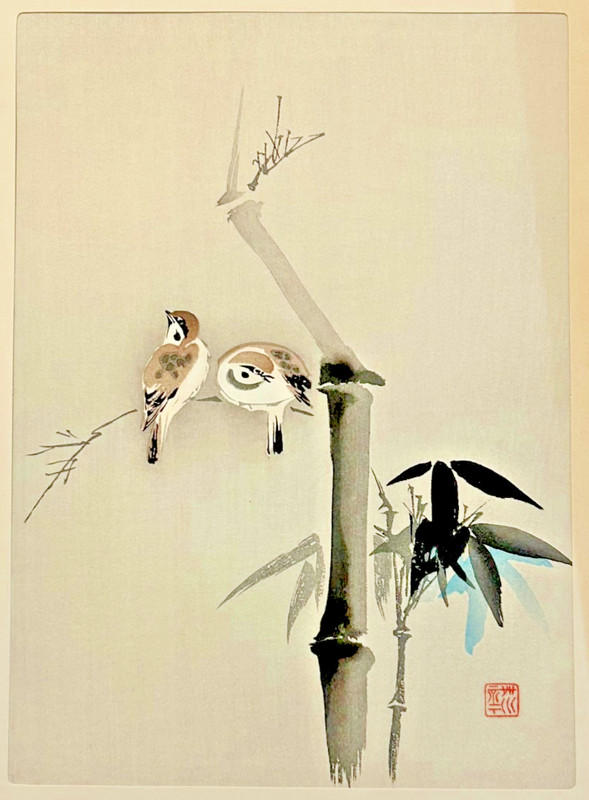 Vintage Japanese Woodblock Print Takahashi Shōtei Sparrows on Bamboo c.1960s