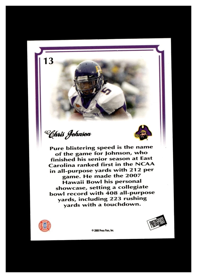 Press Pass Legends Bowl Edition 2008 10 yardas línea Holofoil Chris Johnson RC/75 Foto 2 de 2