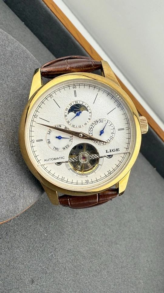 LIGE Automatic Men’s Watch Open Heart Day/Date 21 Jewels Gold Tone Brown - Image 2 of 4