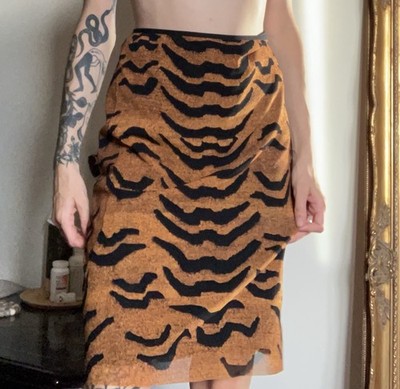 Vintage VIVIENNE TAM Tiger Print Skirt 90s Mesh Nylon Size 1 Womens Orange Black