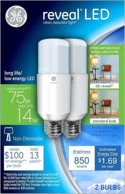 #ad 2 Pack GE Lighting 36470 Reveal LED Bright Stik Light Bulb Medium Base 14 Watt $9.99