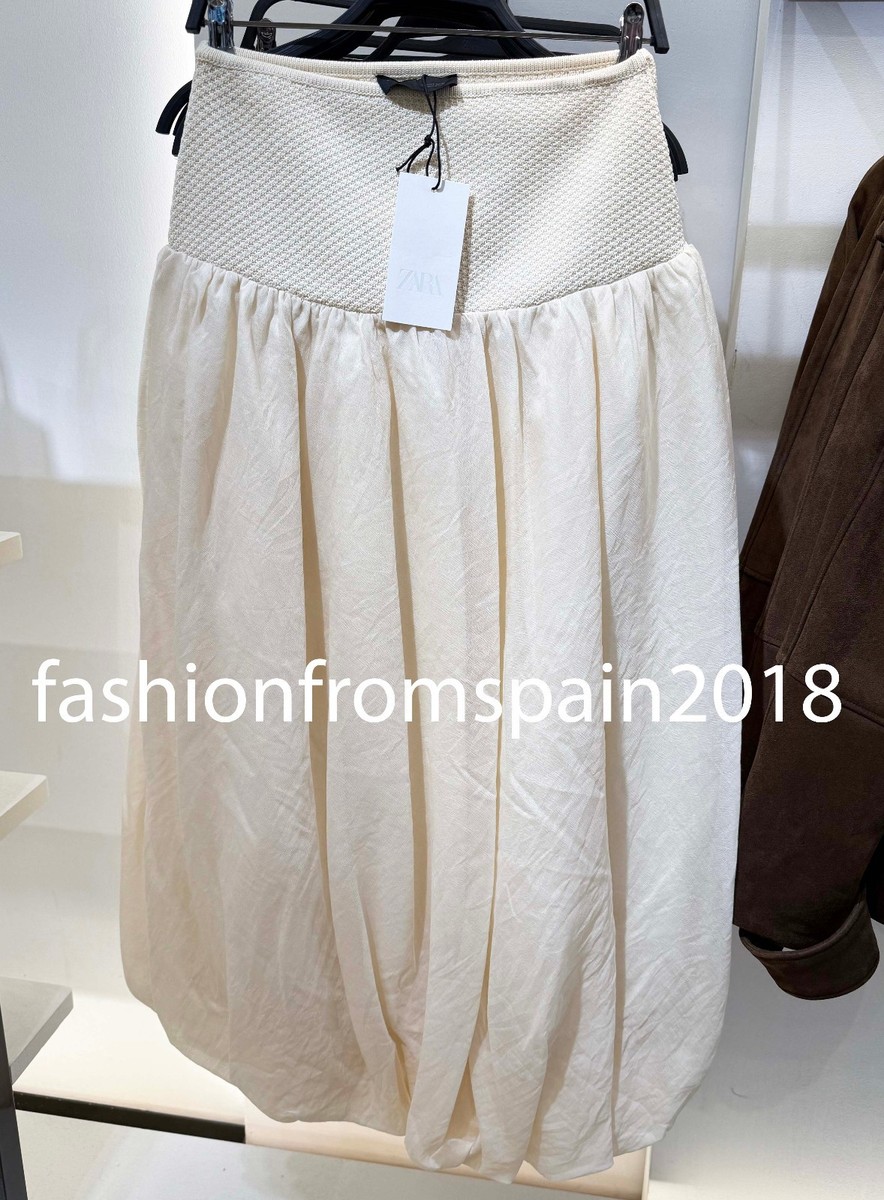 ZARA NEW WOMAN HIGH-WAIST LONG COMBINED KNIT BALLOON SKIRT ECRU