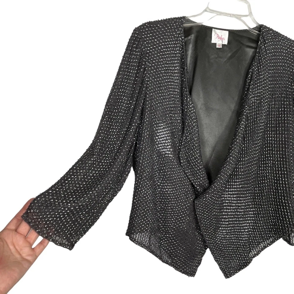 Parker 灰色金属串珠丝绸夹克女式 S 码亮片派对晚会  — 第 3/4 张图片