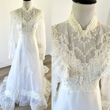 Vintage Wedding Dress 60s 70s S White Victorian Lace Gown Prairie Ruffle Train