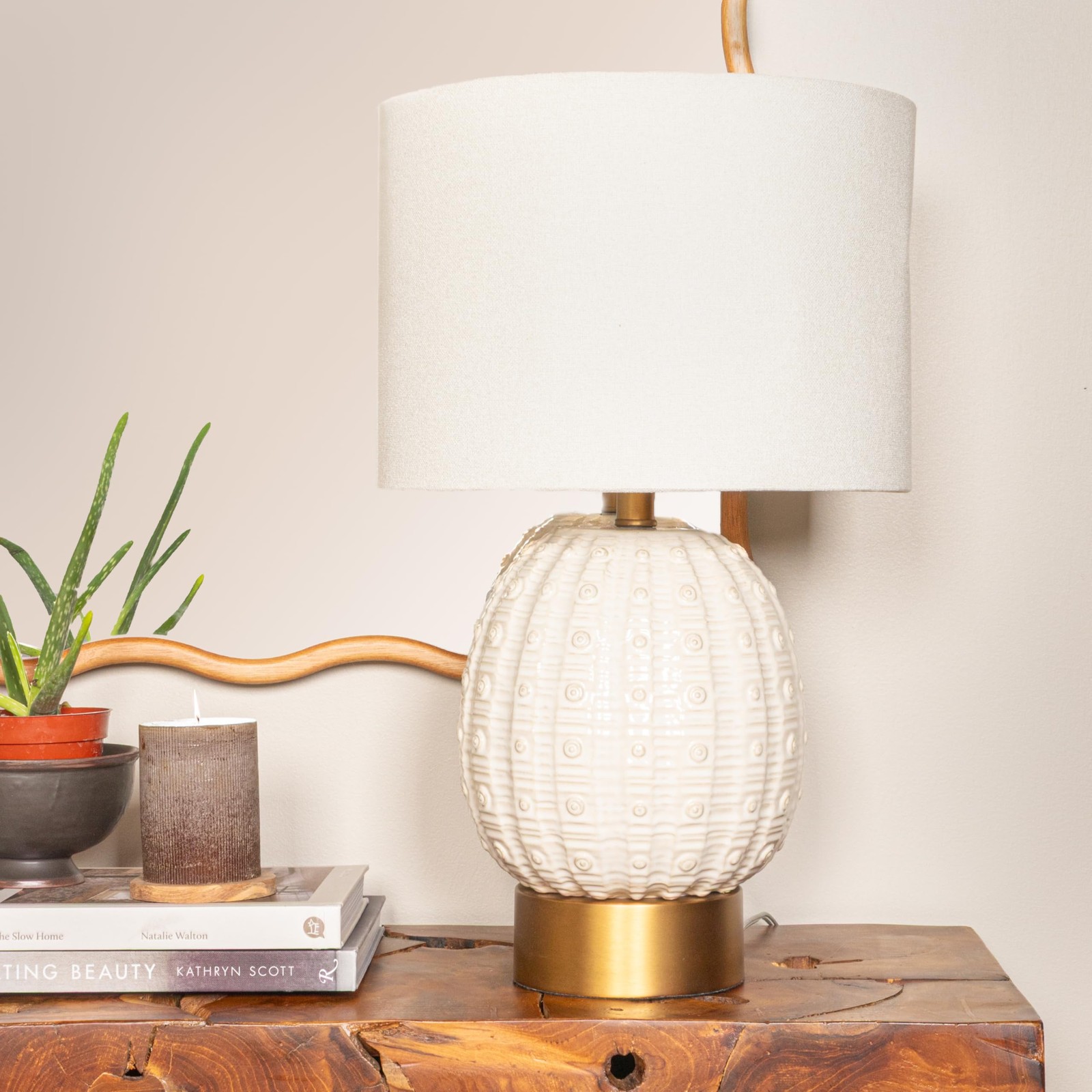 Stoneware Globe Table Lamp with Cream Crackle Glaze and Natural Linen Shade