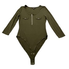 Almost Famous Olive Green Long Sleeve Bodysuit Ribbed Zipper Snap Women's L