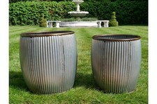 Metal Dolly Tub Planter Grey Plant Pot Ribbed w/ Rim Garden Barrel Drum 2 sizes