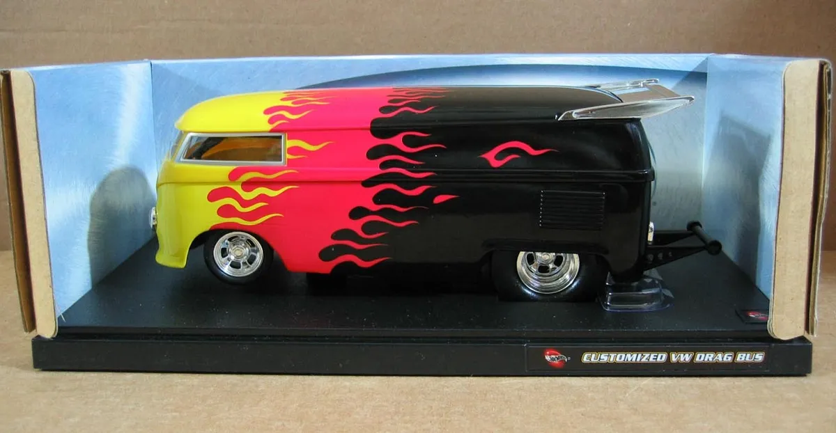 HotWheels Customized VW Drag Bus Yellow Red Black with Flames Die Cast 1:18  NEW