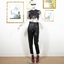 Vintage 1990er schwarz Echtleder Slim Fit Hose High Waist Crop Gr&ouml;&szlig;e S 26"