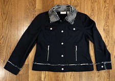 Chico  s Black Faux Fur Trim Jacket Size 1 M Medium Women  s Zebra Collar Snaps