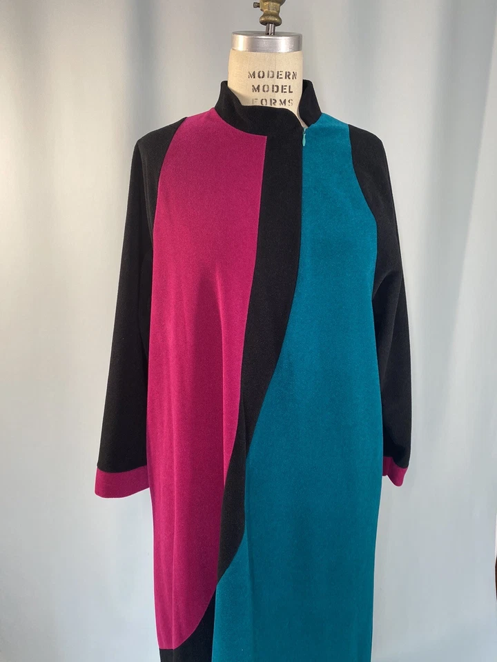 Винтажная ночная рубашка халат размер средний бархат 80-х 90-х сине-розовый VANITY FAIR - Изображение 2 из 4