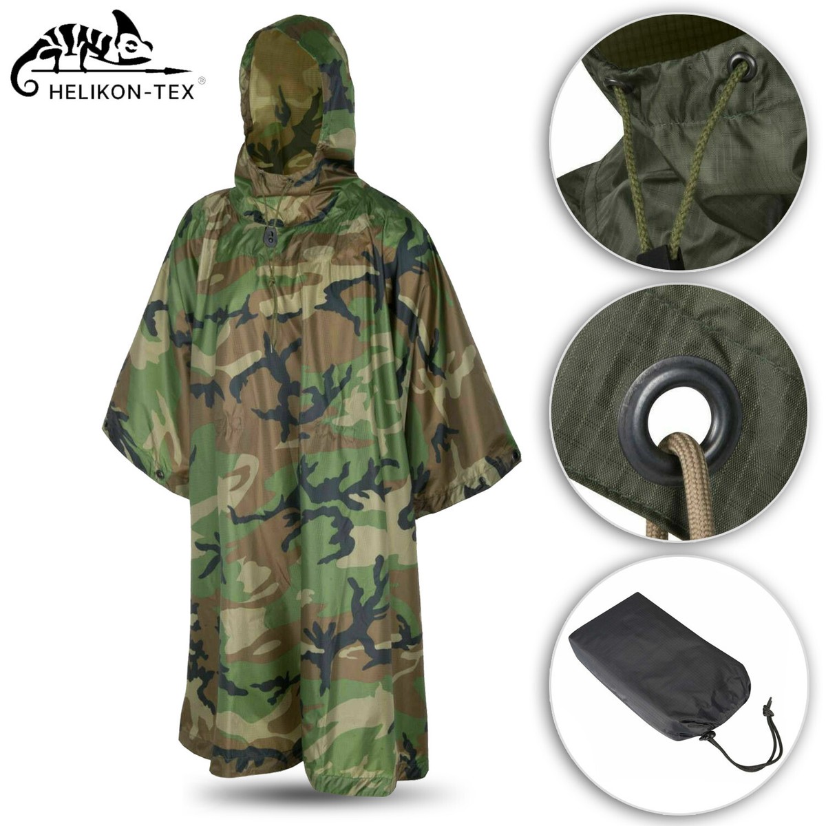 Woodland U.S. Army Poncho HELIKON TEX Waterproof Hooded Coat Woodland U.S. Army Poncho HELIKON TEX Waterproof Hooded Coat