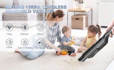 Akku Staubsauger Haus & Auto 17000Pa, 2 leistungsstarke Saugmodi & LED-Licht