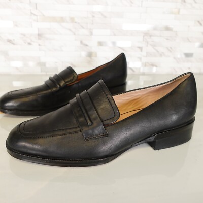 Black Flat Loafer Shoes Womens Leather 7 Slide Slip On Dress Preppy 27 EDIT
