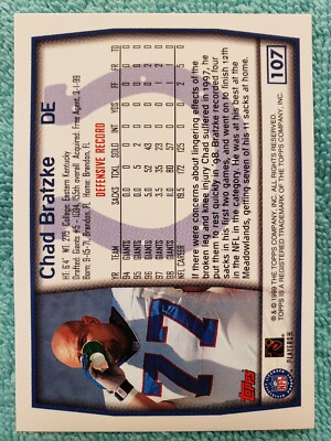 1999 TOPPS COLLECTION CHAD BRATZKE #107 INDIANAPOLIS COLTS