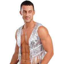 Men Glitter Sequin Fringe Cropped Vest Top Tassel Open Front Waistcoat Cardigan